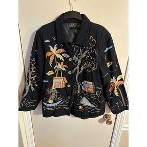 Vintage Allure Embroidered Tropical Scene Black Button Up Jacket 1X Woman's‎
